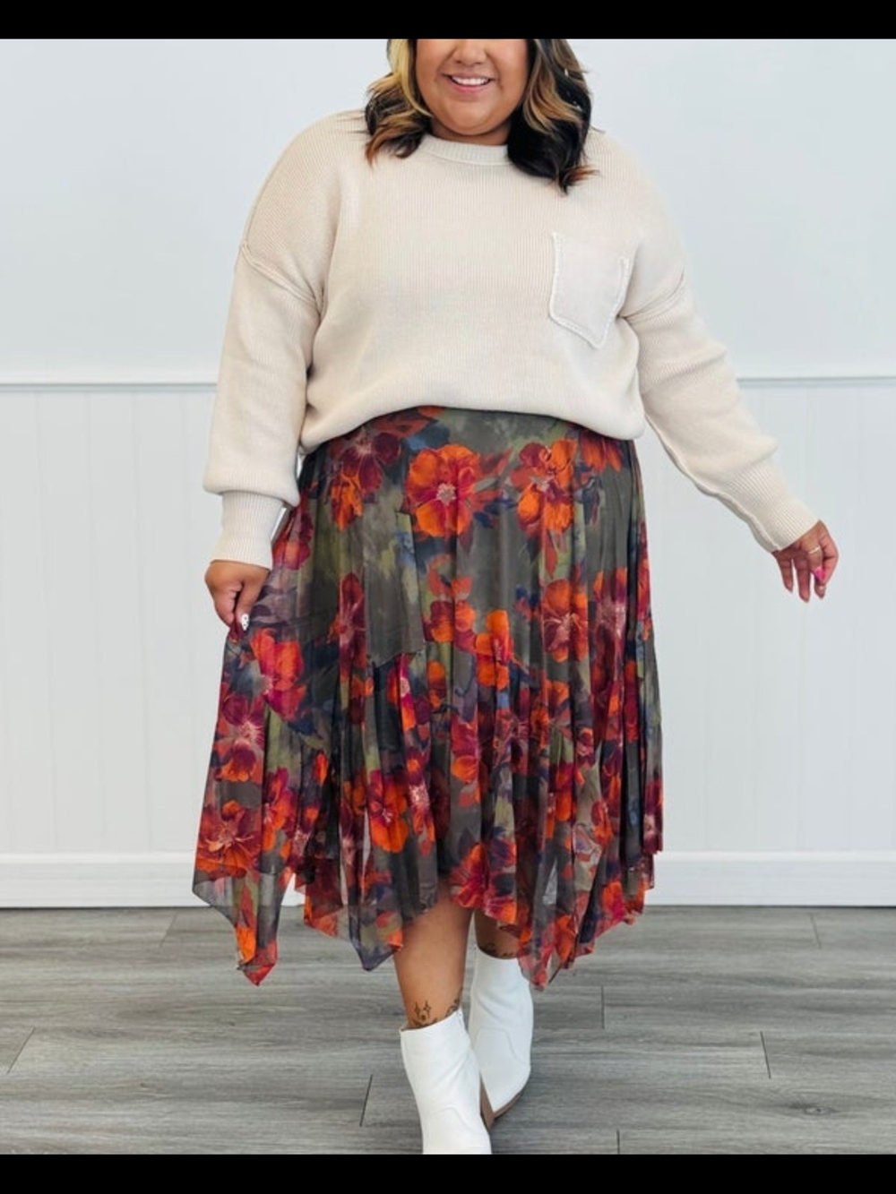New Easel Olive/Rust Floral Print Ballerina Midi Skirt Size Large